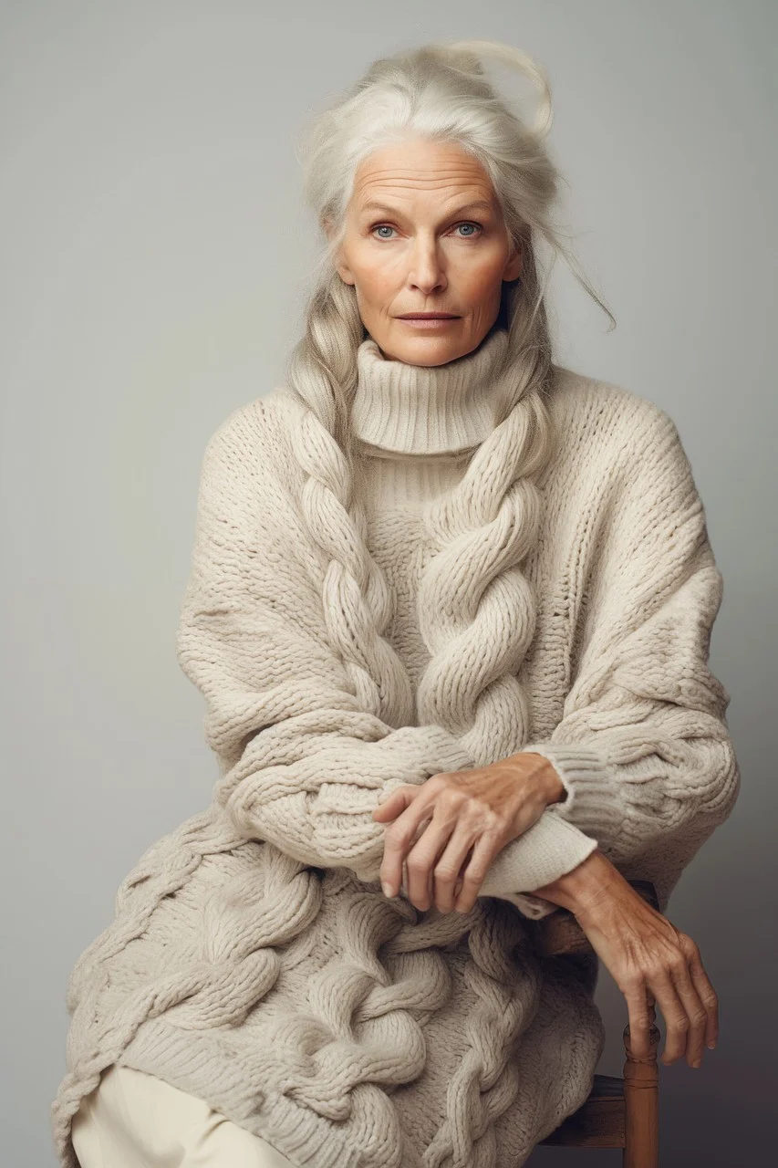 older woman, knitted sweater, knitwear, cozy fashion