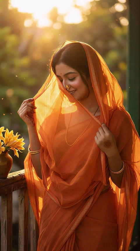 woman, natural light, traditional attire, saree