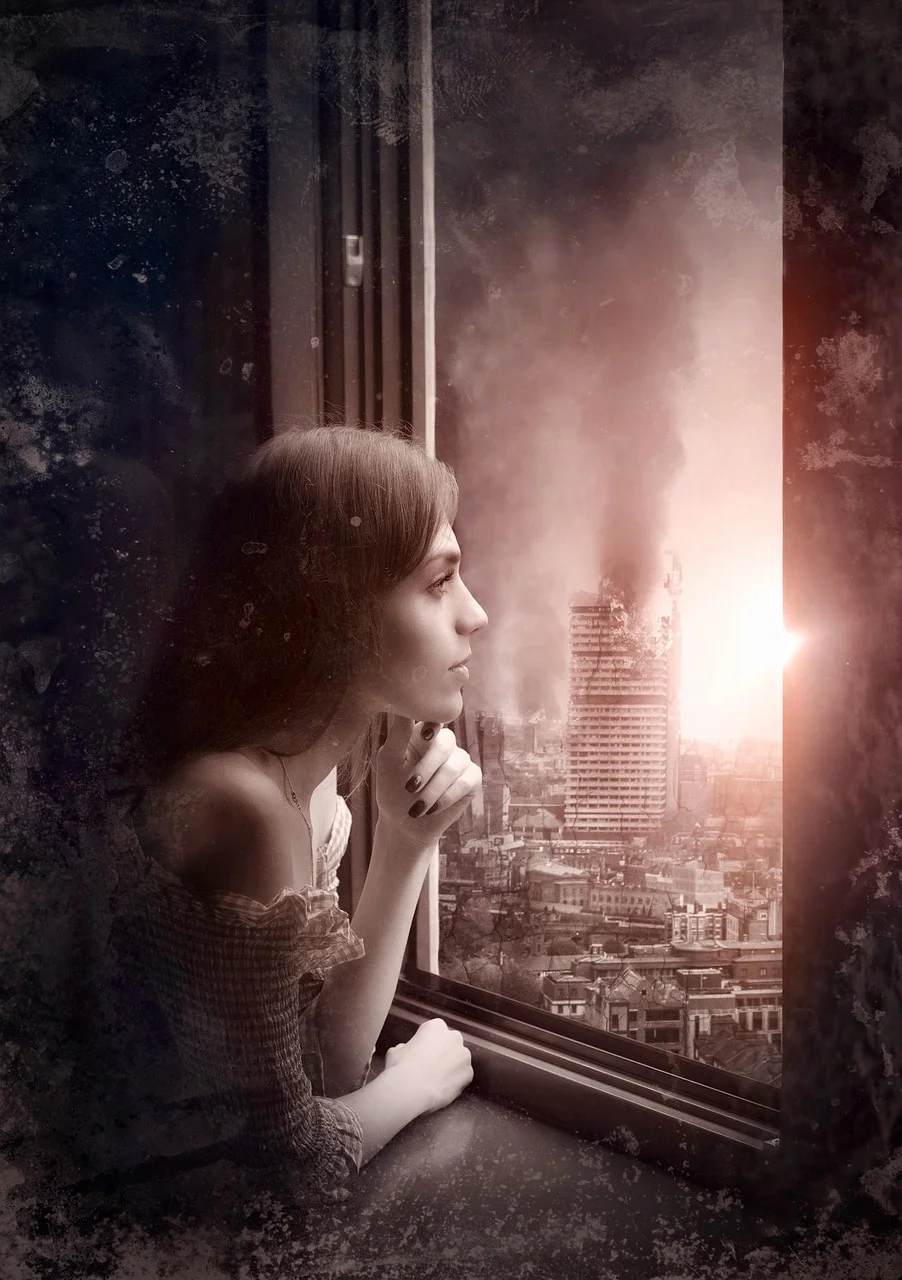 book cover, woman, window, city