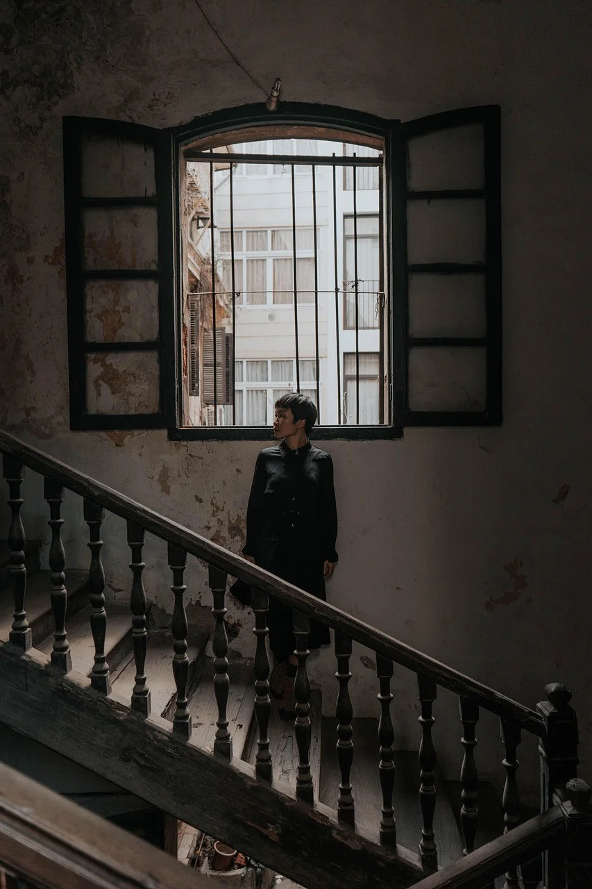 woman, model, stairs, window