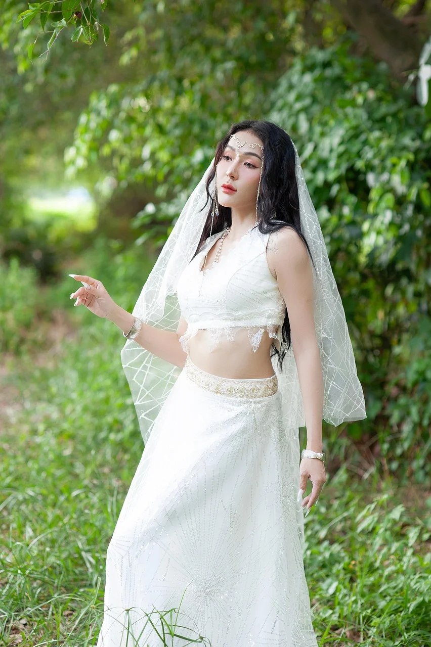 woman, beauty, dress, leaves