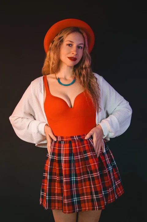 woman, portrait, plaid skirt, fashion