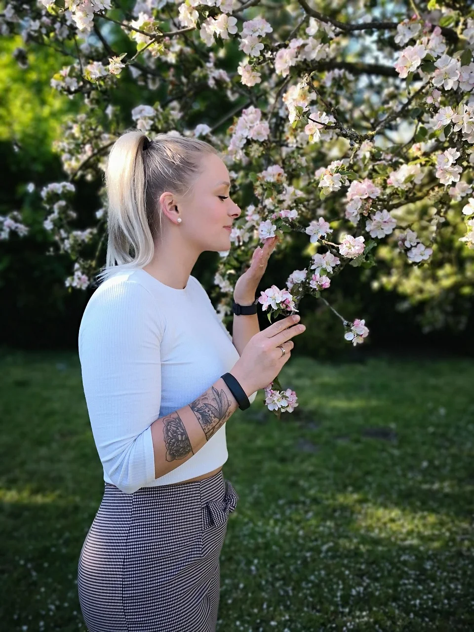 spring, apple tree, pretty woman, blossoming apple tree