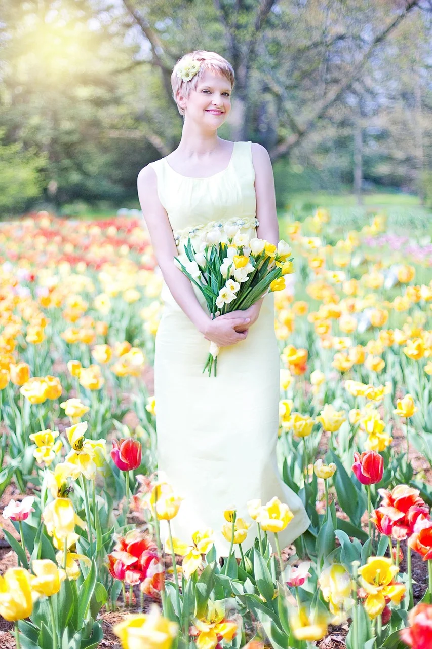 field of tulips, young woman, pretty, spring