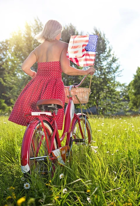 woman with bike, red, bicycle, bike