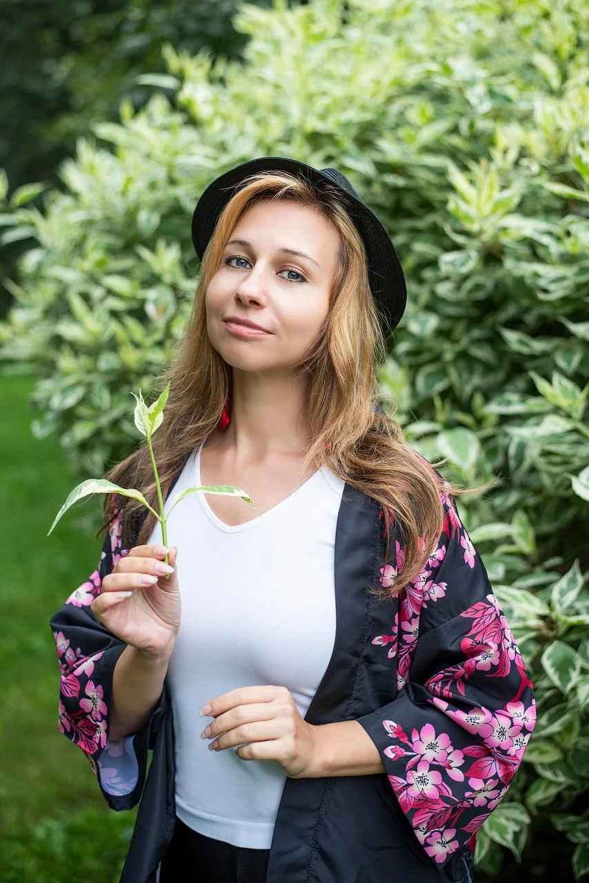 woman, hat, park, plant