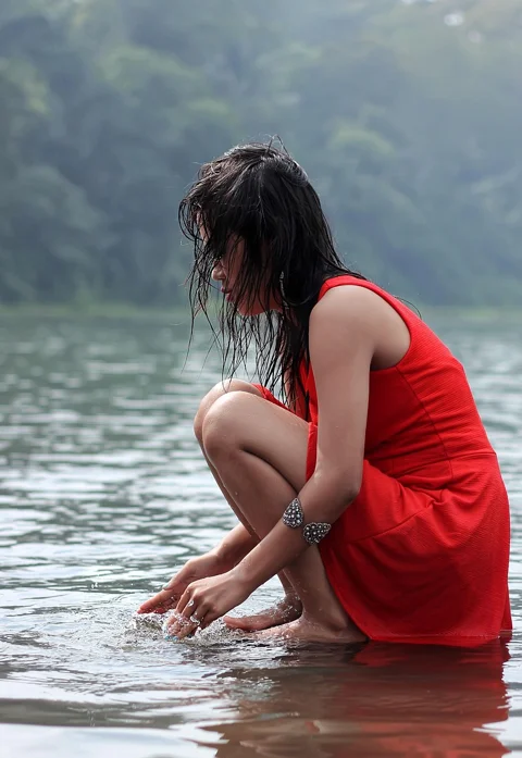 woman, female, lake, water