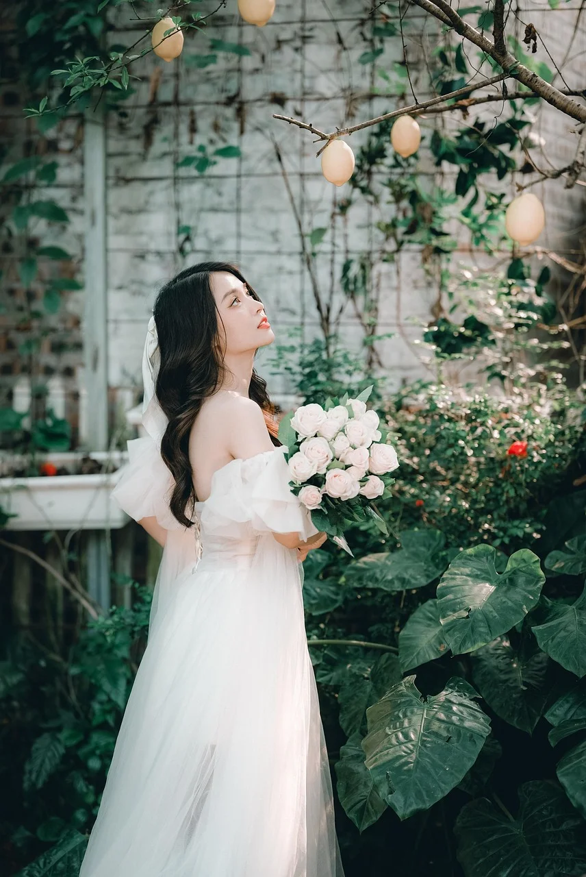 woman, bride, bouquet, veil