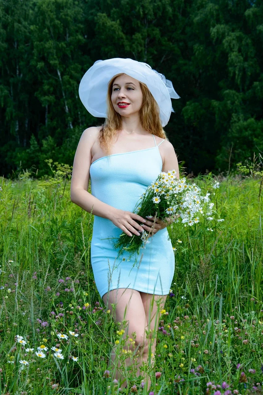 woman, flowers, hat, field