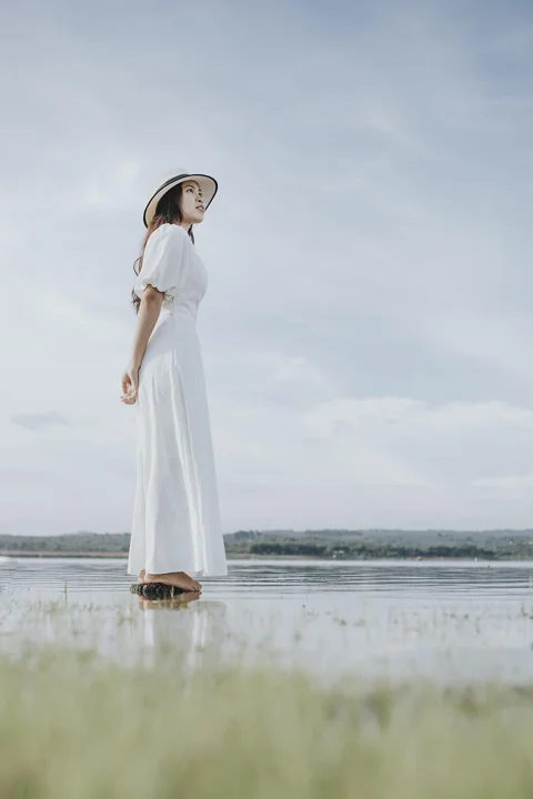 woman, lady, lake, grass
