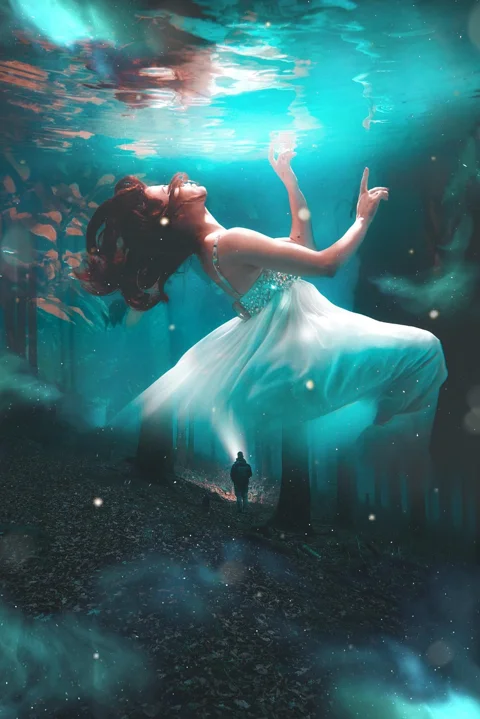 young woman, underwater, human, flashlight