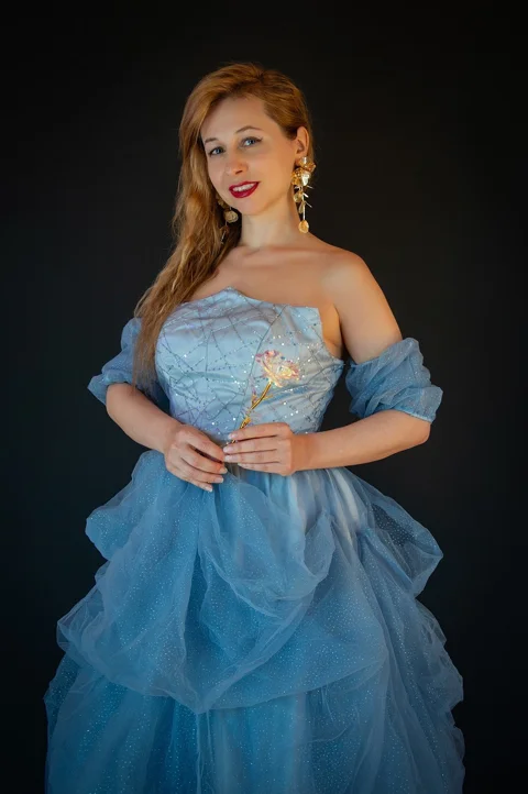 woman, blue dress, evening gown, black background