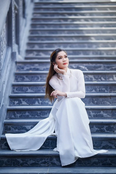 woman, portrait, ao dai, white dress