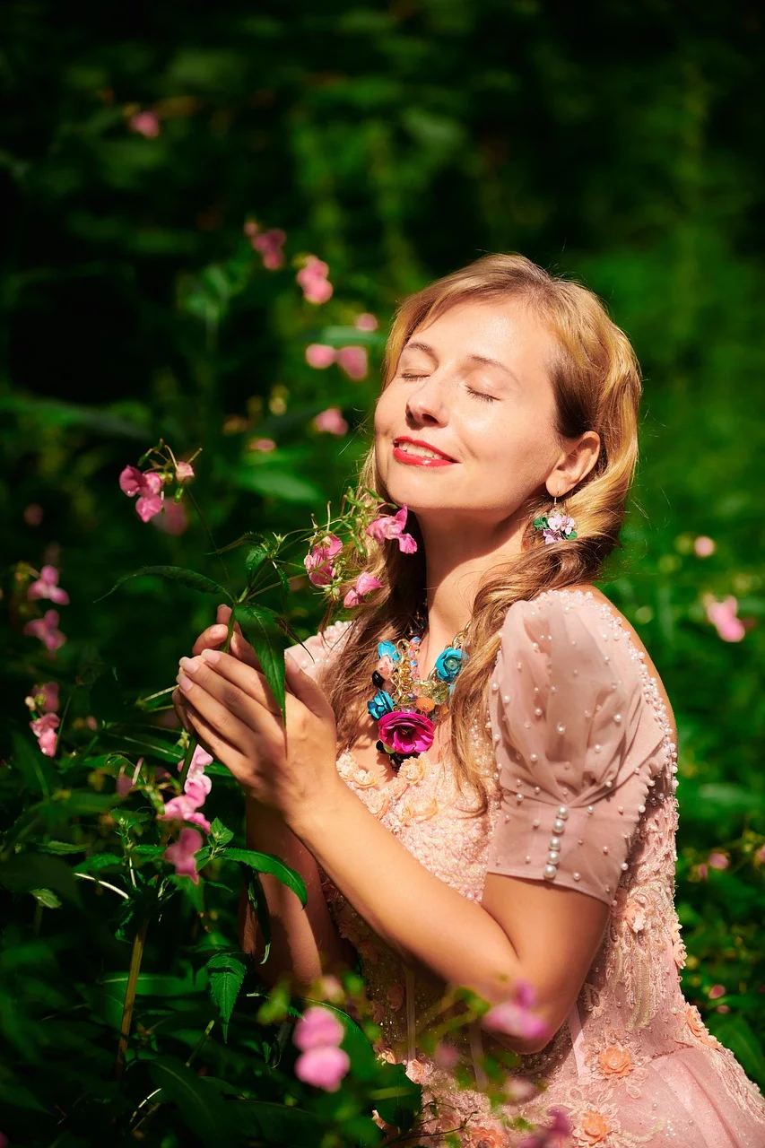 woman, ball gown, portrait, flowers