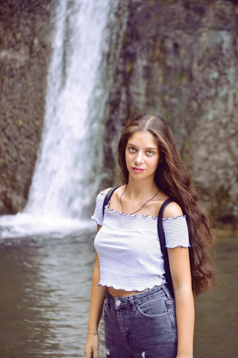 waterfall, girl, model, blonde