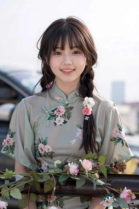 woman, traditional dress, floral dress, smiling