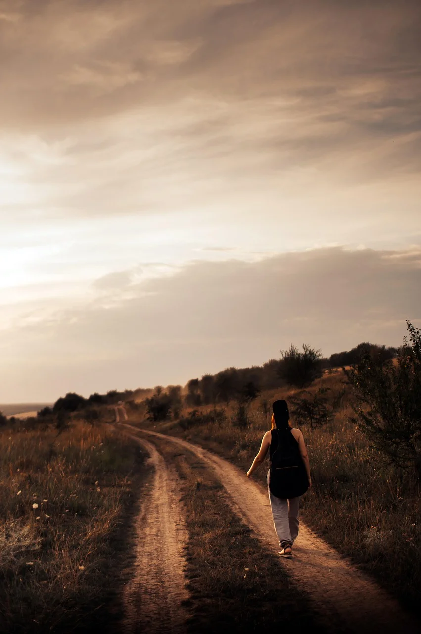 young woman, dirt road, guitar, nature