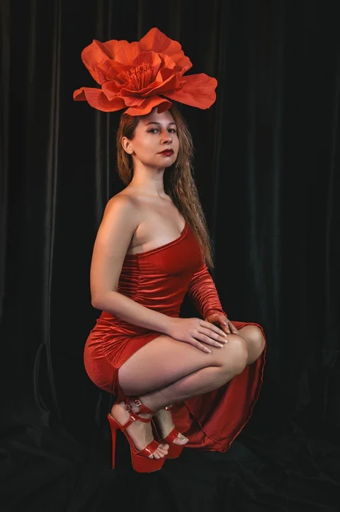 red flower, woman, costume, red dress
