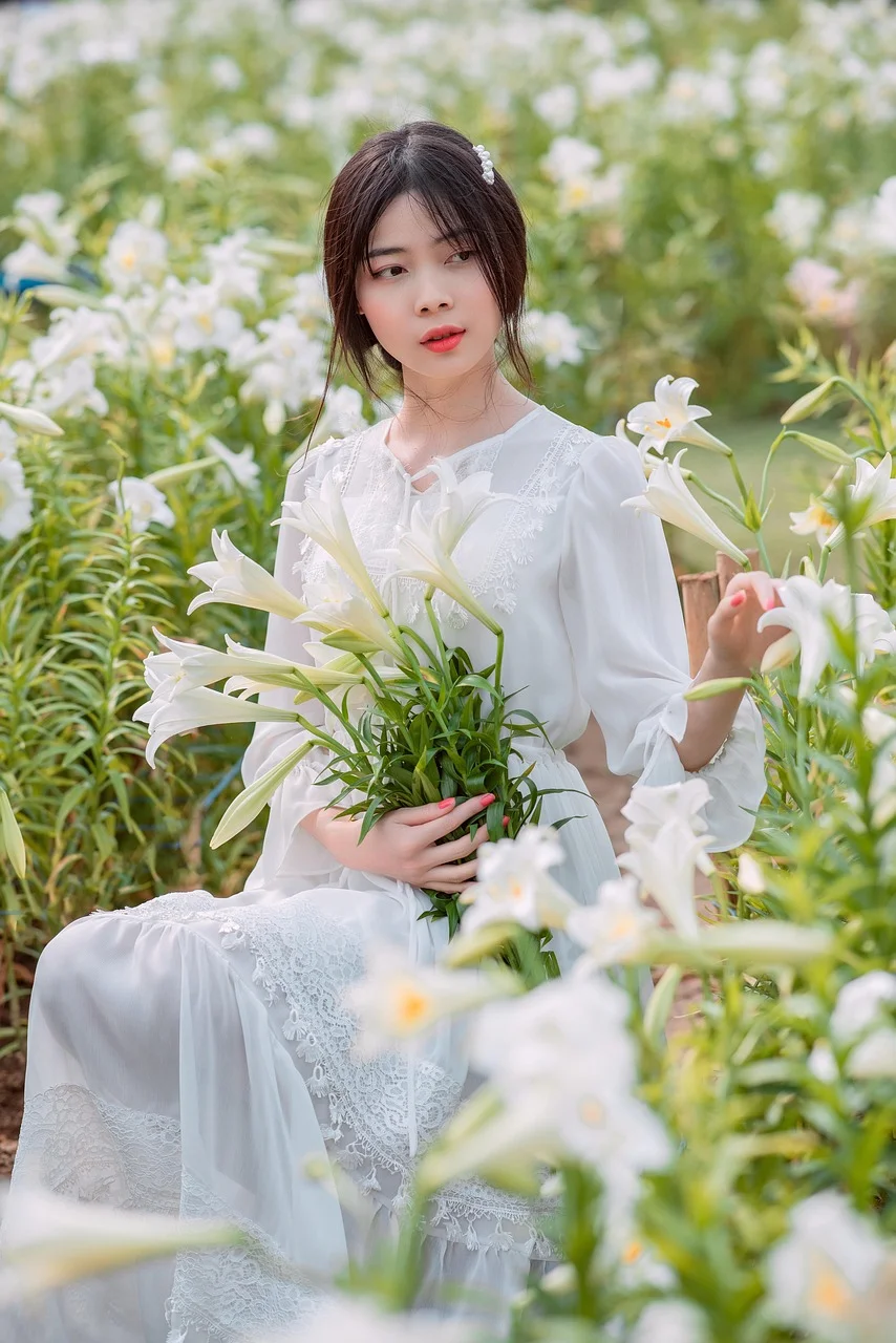 woman, beauty, outdoors, flowers