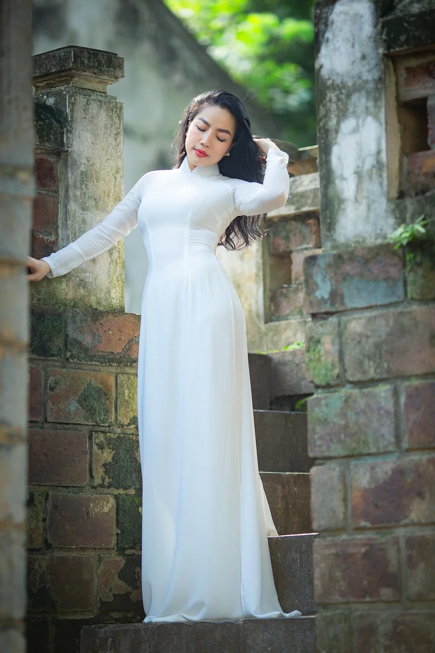 女人, 奥黛, 白色连衣裙, 传统服装