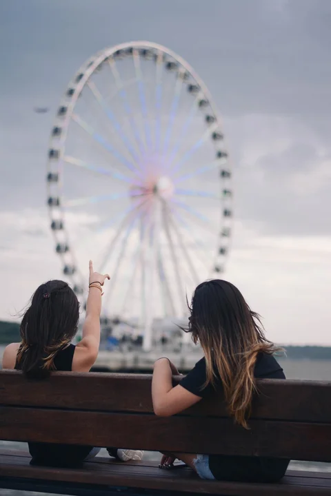 bench, ferris wheel, girls, people