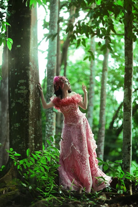 beautiful woman, dress, forest, model