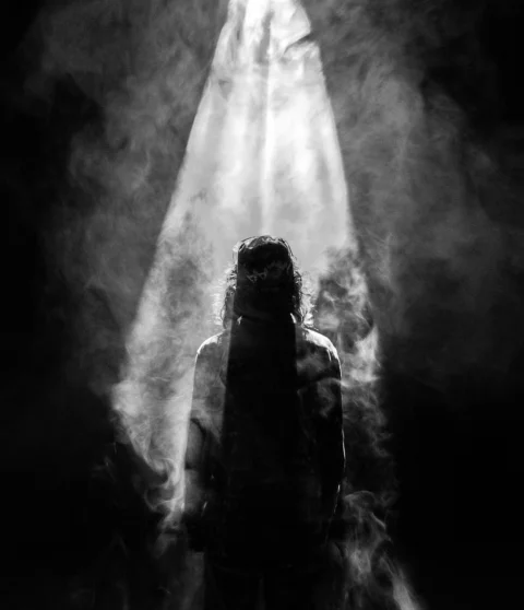 black and white, tunnel, light smoke, people