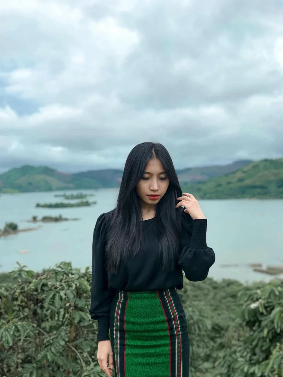 mountain, woman, river, portrait
