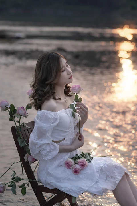 女人, 河流, 日落, 肖像