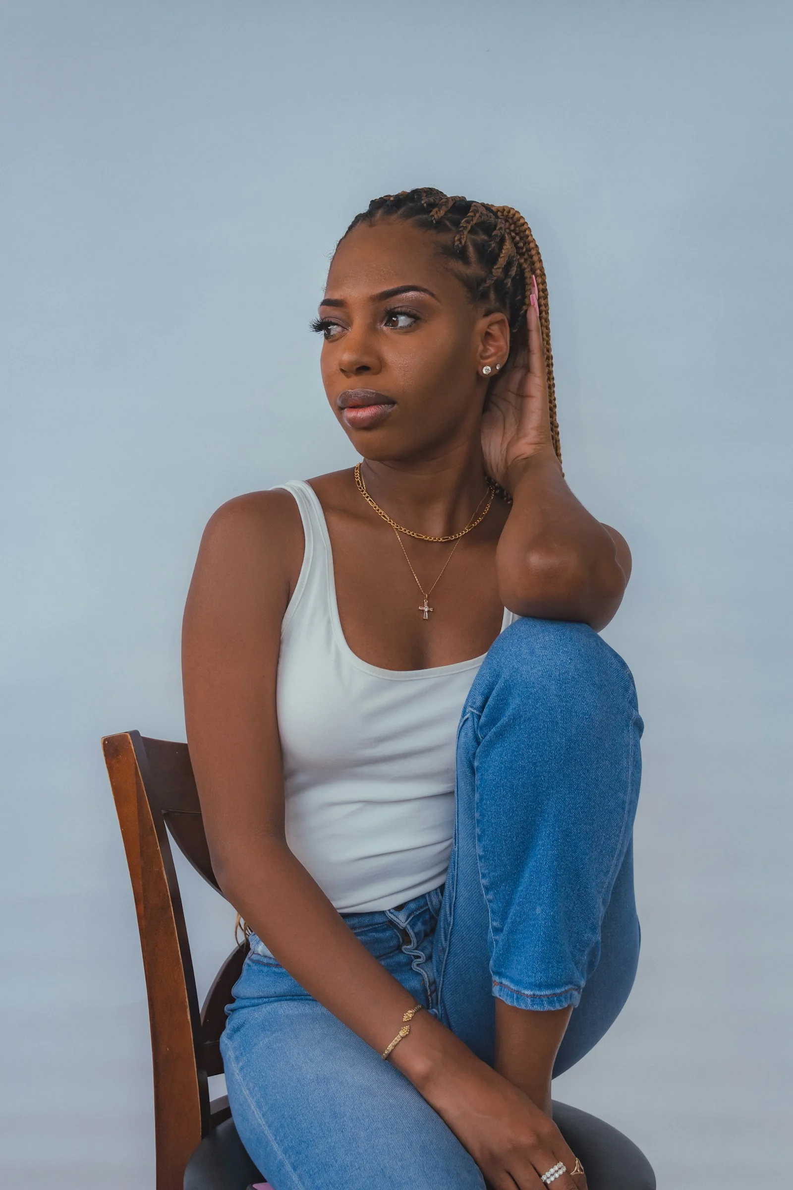 a woman sitting in a chair