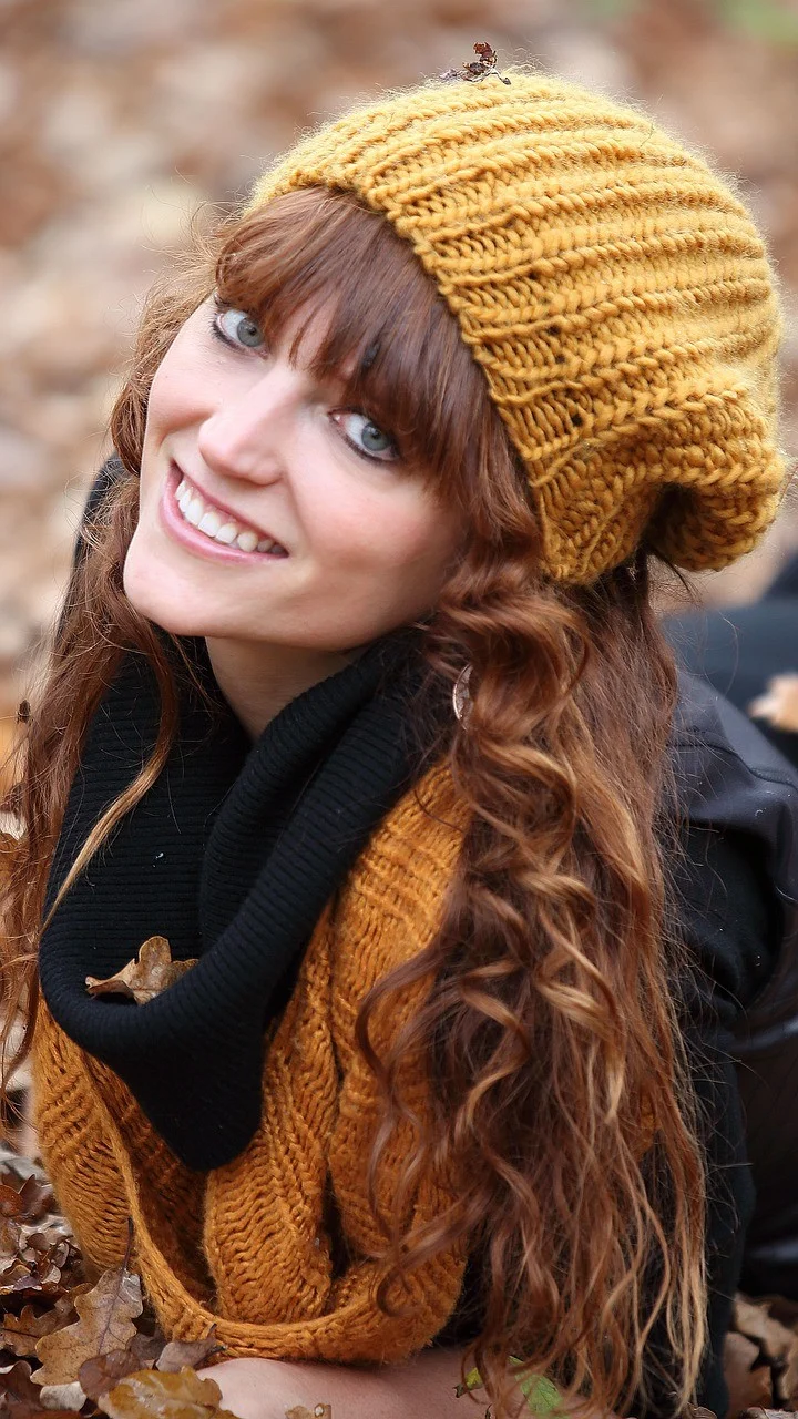woman, smile, beanie, scarf