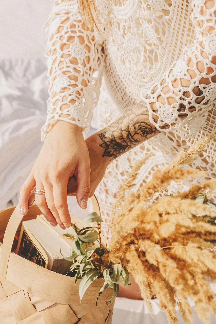 hands, book, basket, tattoo