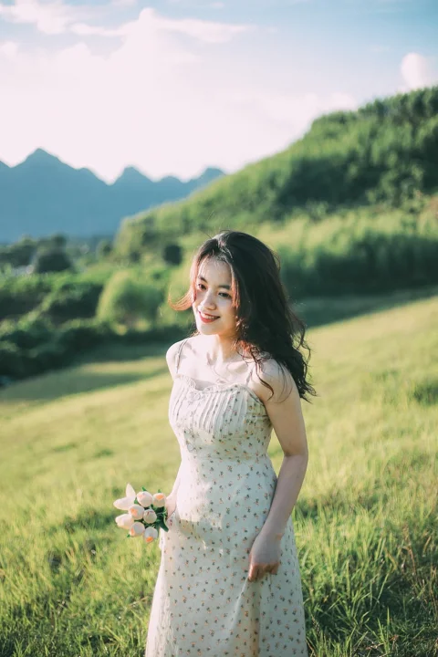 アジア人女性, チューリップ, ポートレート, 草