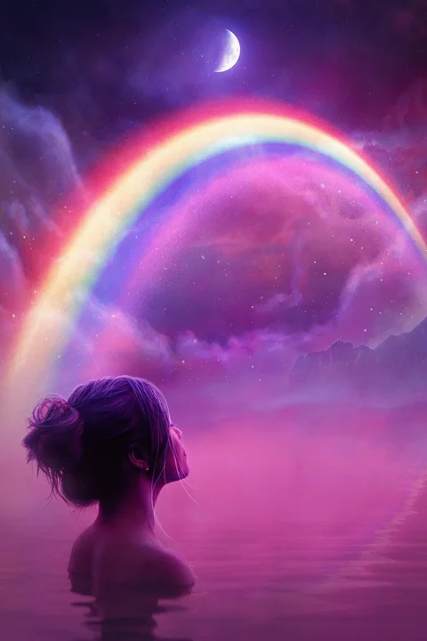 woman, rainbow, stars, purple