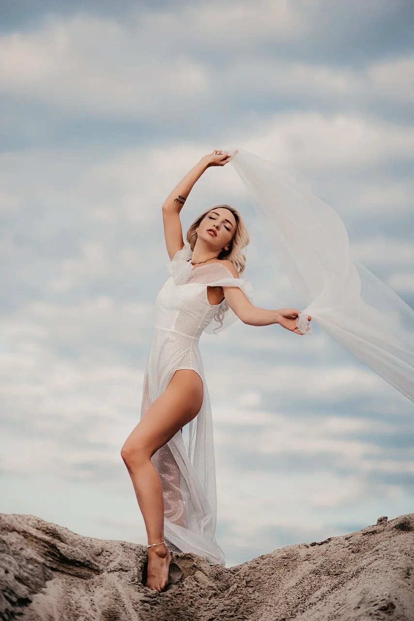 woman, sea, bride, bridal gown