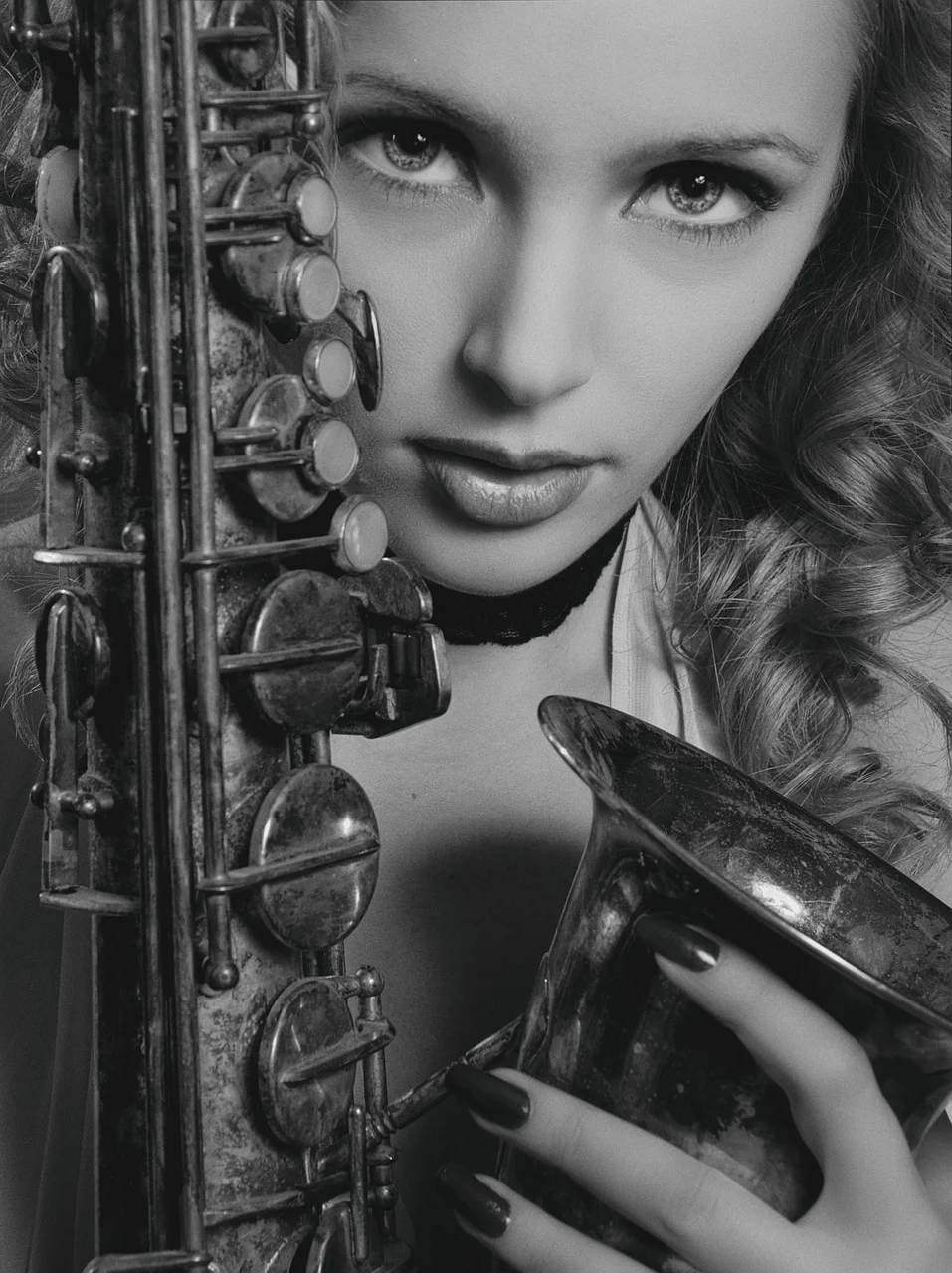 girl, portrait, saxophone, monochrome