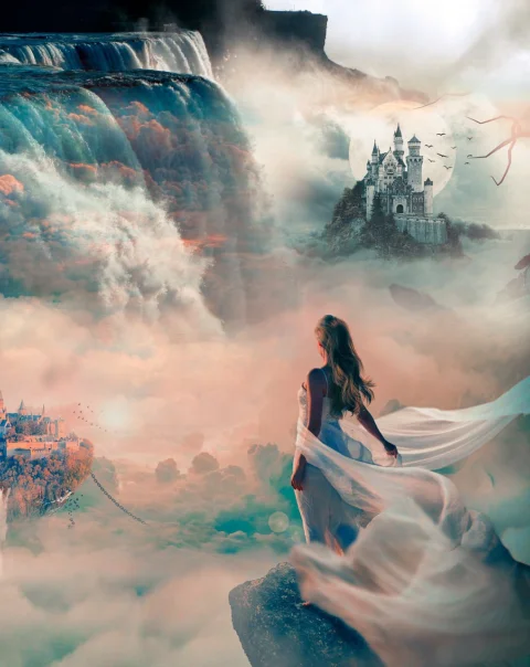 girl, sky, clouds, fog