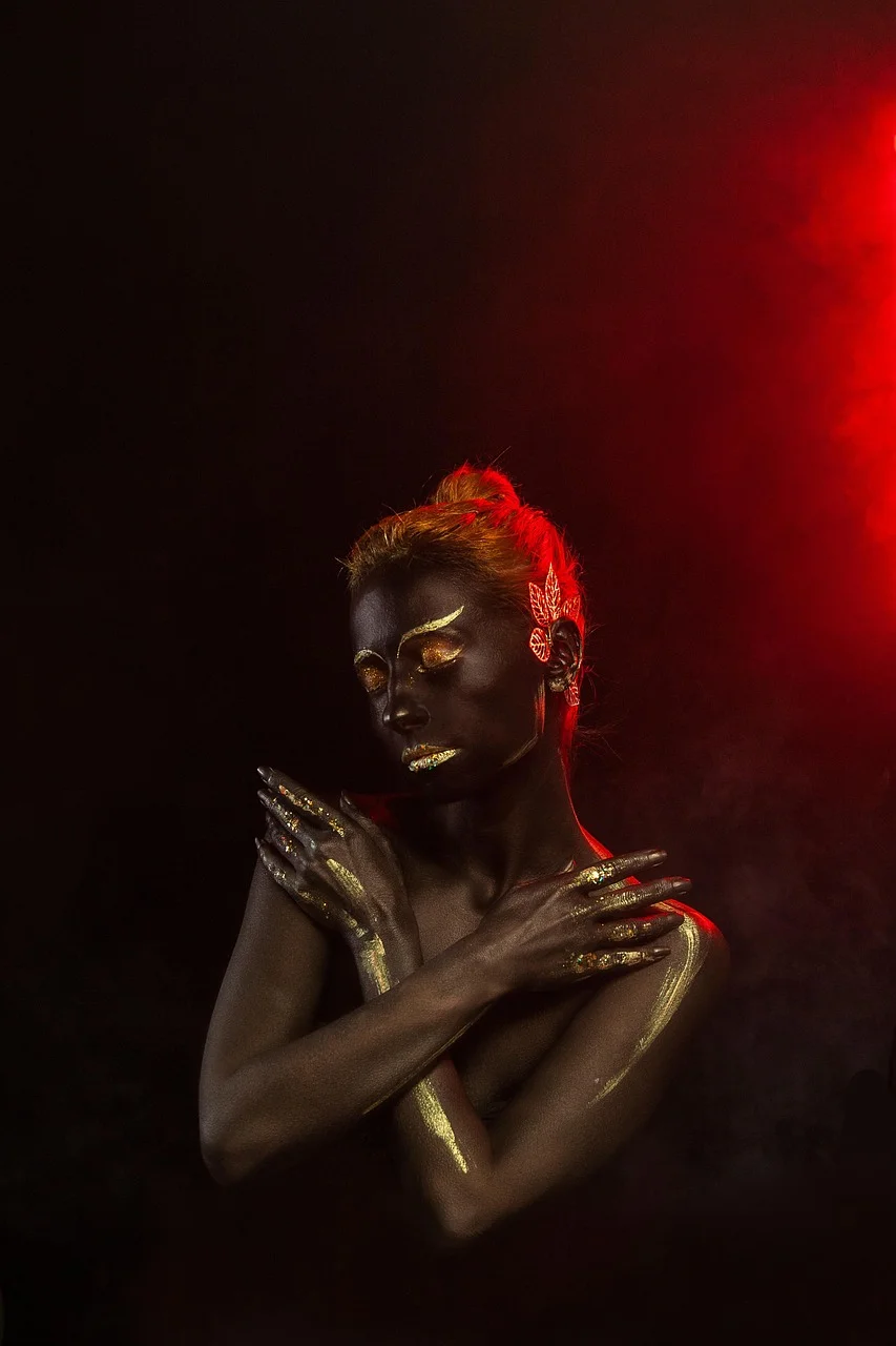 smoke, body painting, black skin, portrait