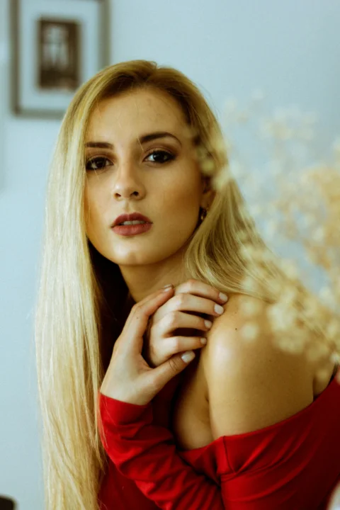 woman in red tube dress