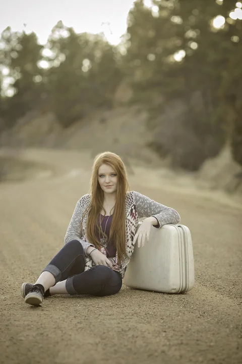 redhead, suitcase, road, sitting