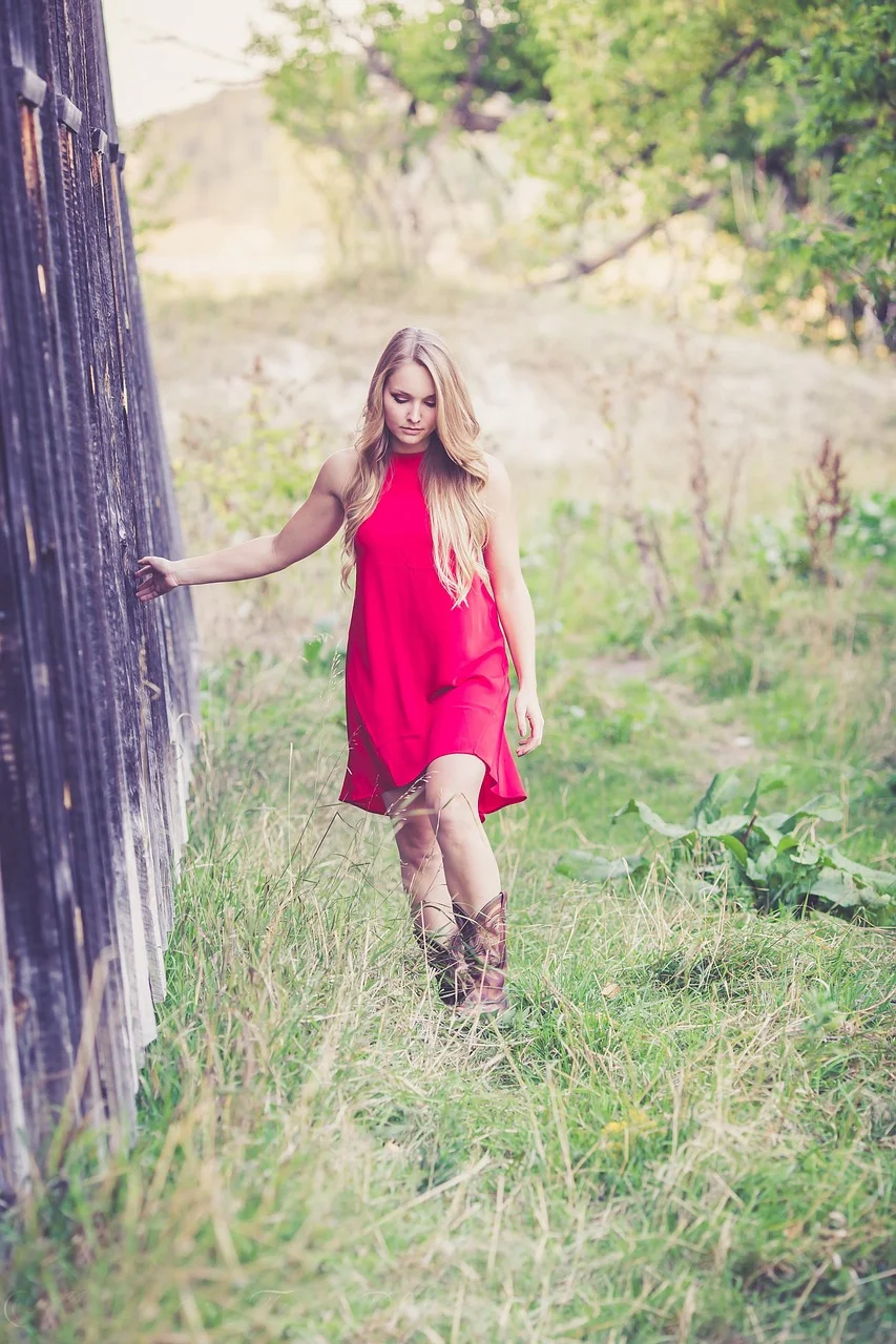 country, girl, red dress, nature