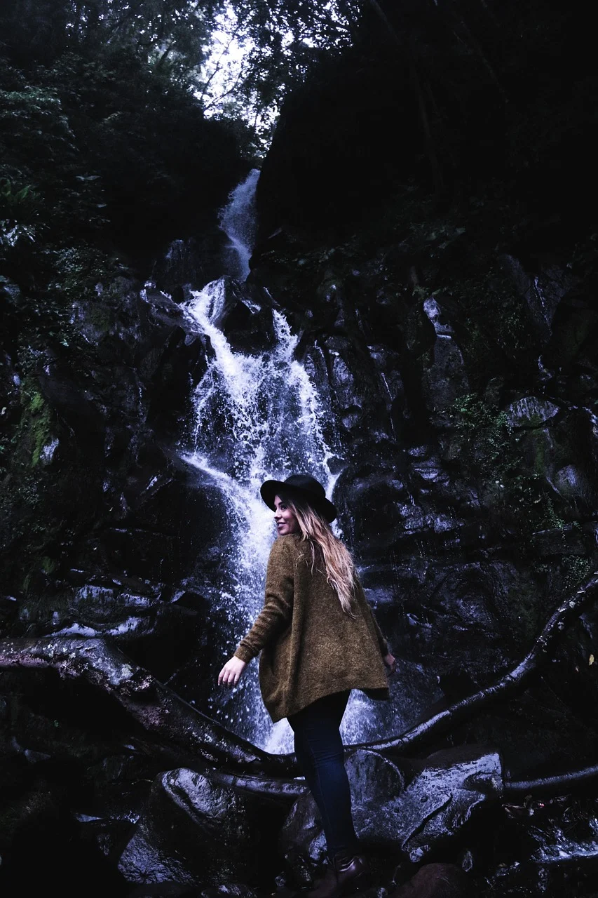 waterfall, green, moss, tree