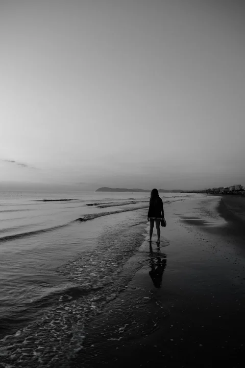 해변, 여성, 흑백, 소녀