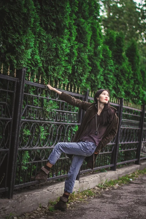 美丽, 年轻女人, 模特, 树木