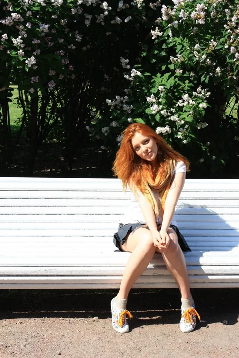 the park, bench, summer, redhead