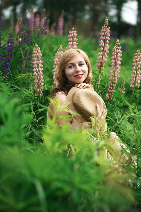 woman, glade, flowers, lupins