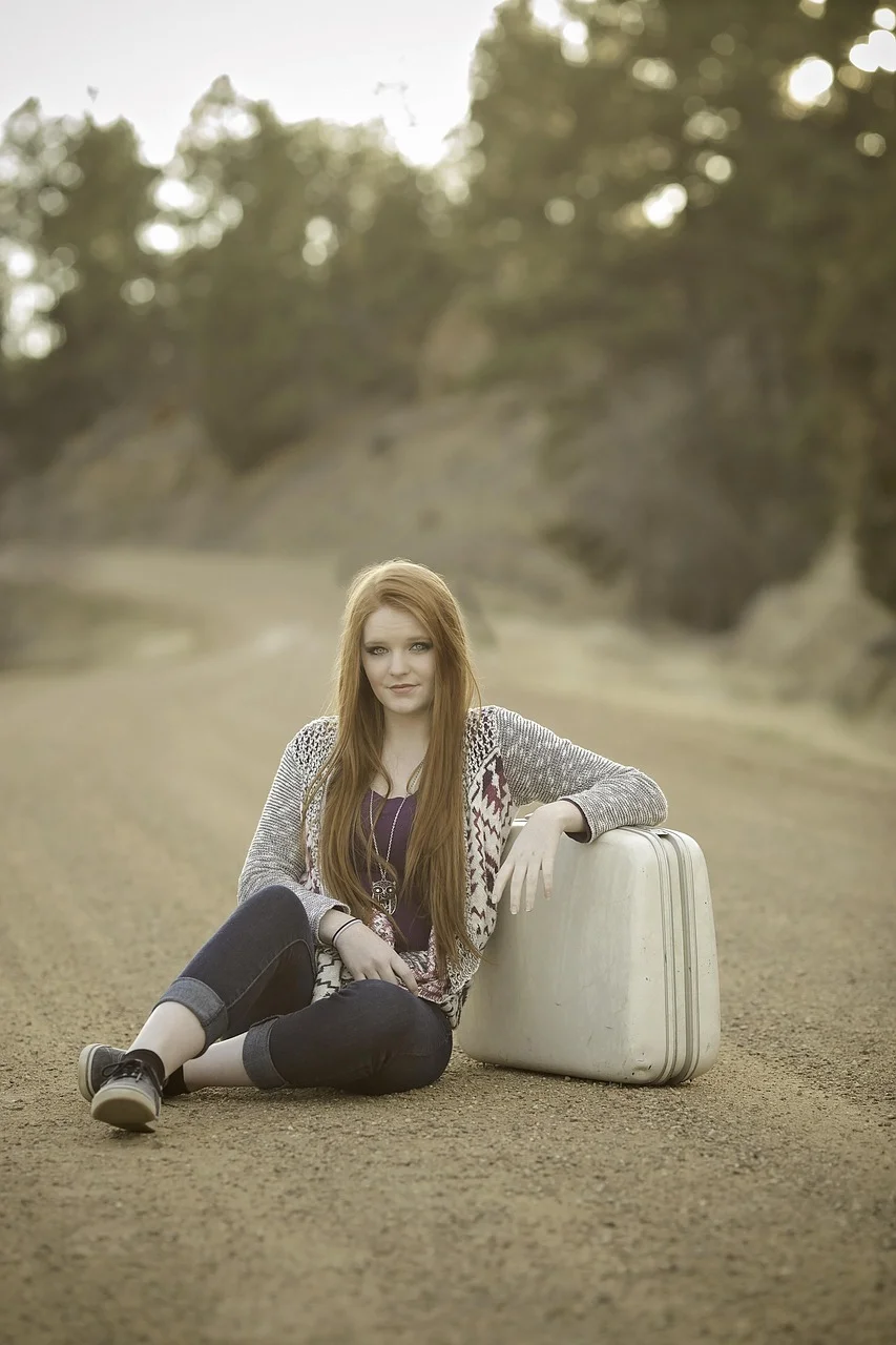 redhead, suitcase, road, sitting