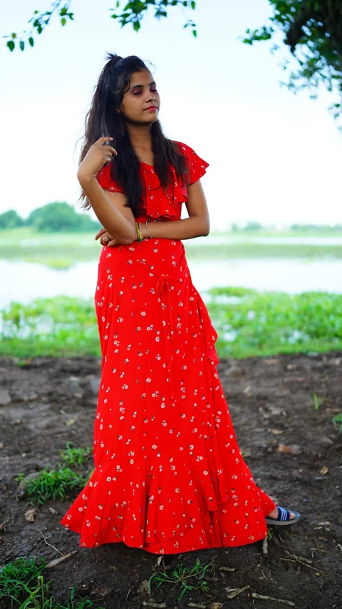 indian woman, red dress, outdoors, nature