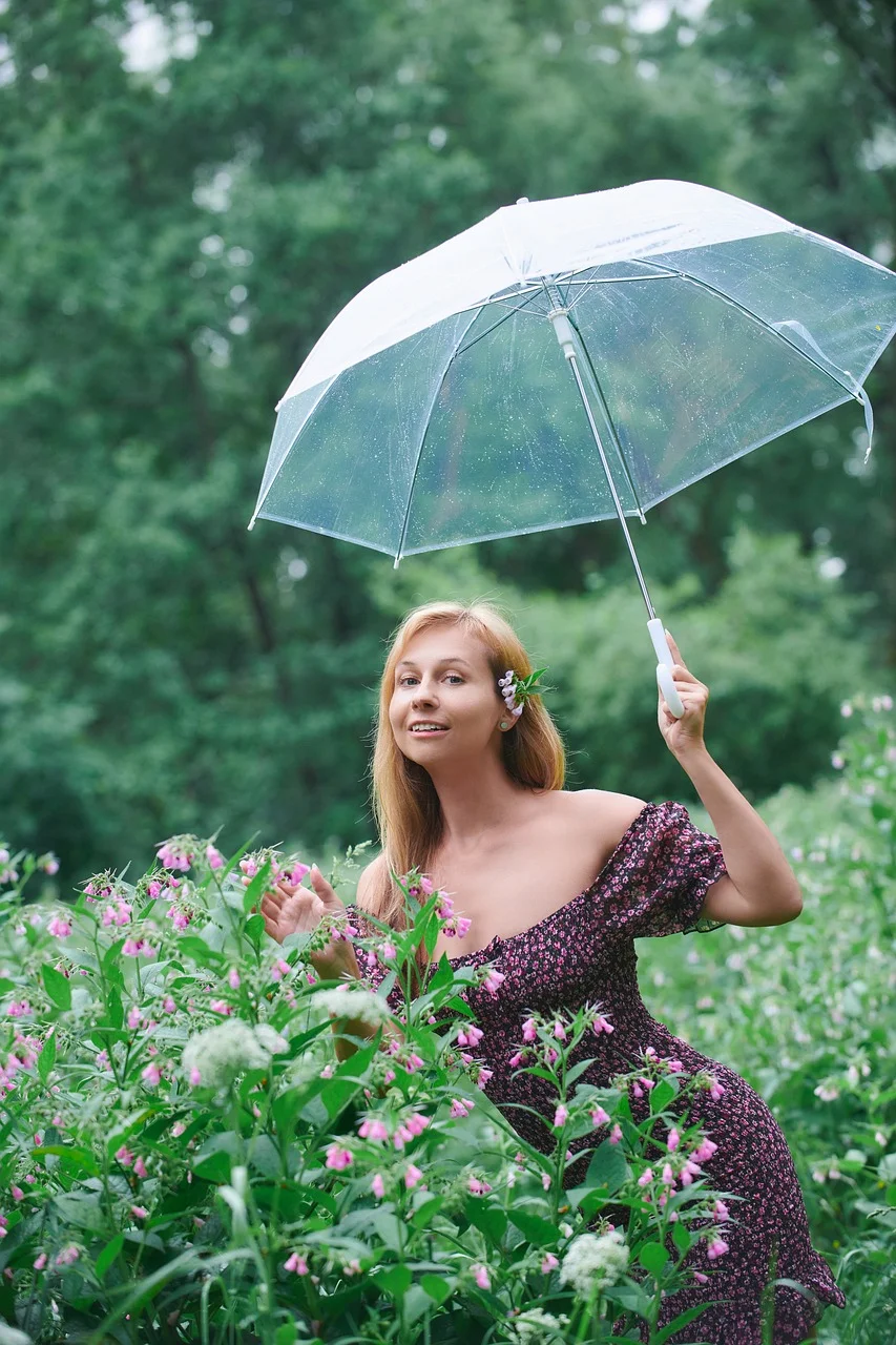 woman, umbrella, park, stroll