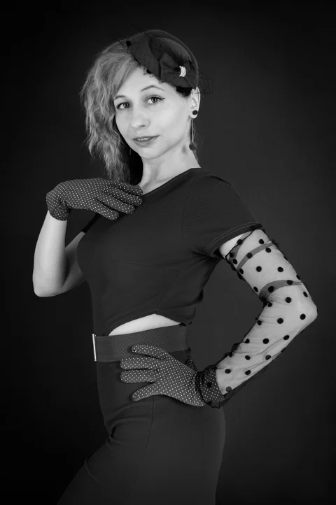 woman, hat, gloves, retro